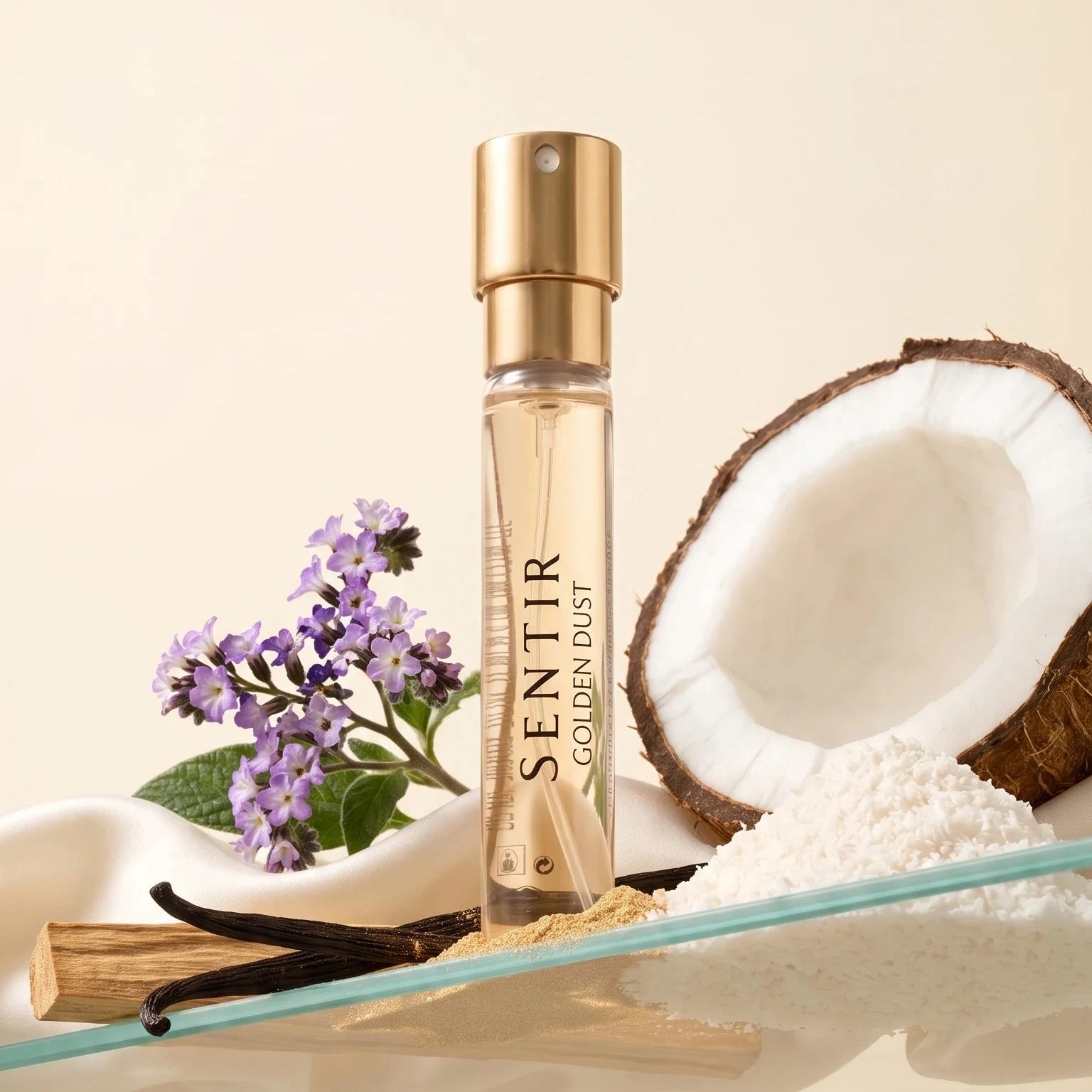 Sentir Golden Dust perfume with vanilla, coconut, heliotrope and sandalwood ingredients