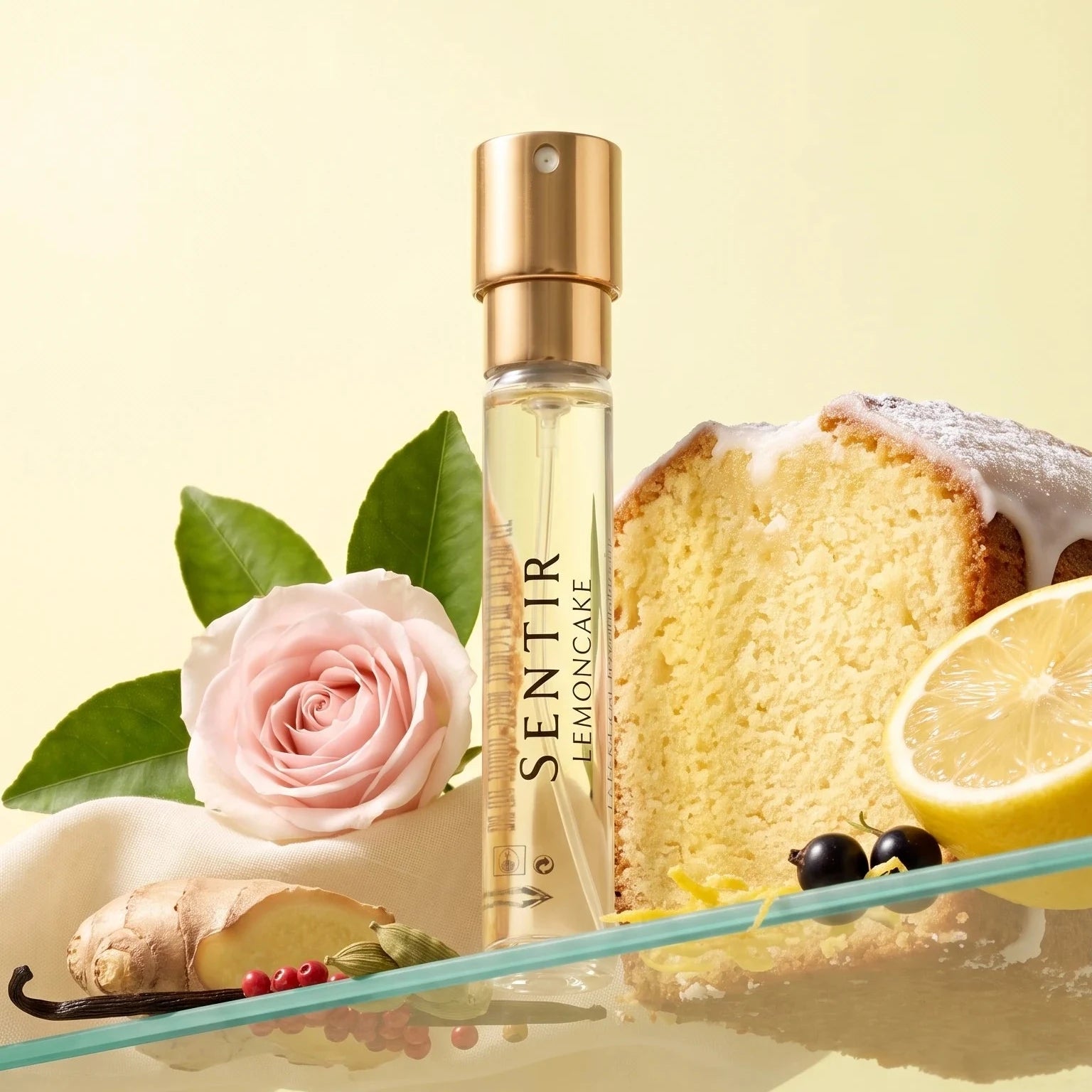 Sentir Lemoncake perfume with lemon, lemon cake, vanilla, rose and ginger ingredients