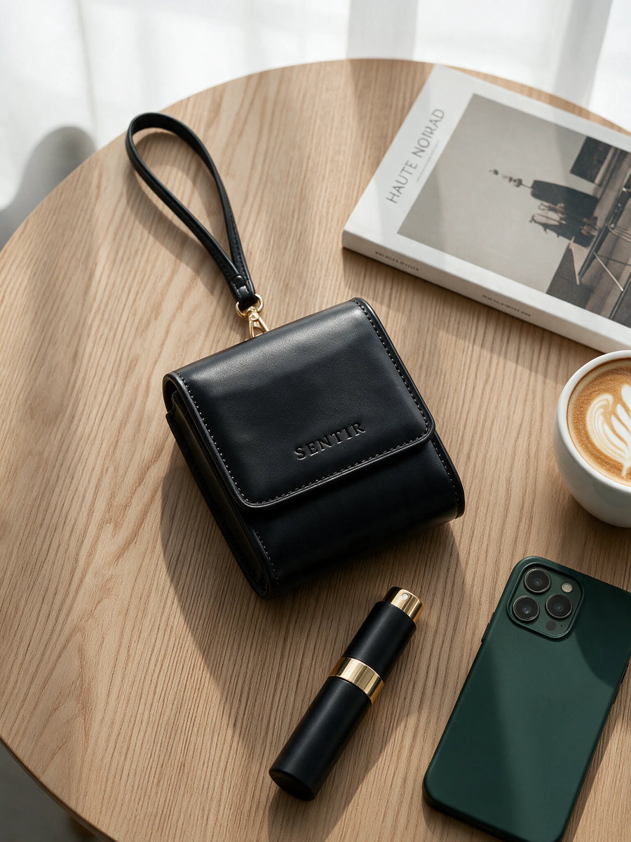 Black Sentir travel pouch on a table beside a perfume twistcapsule and a phone