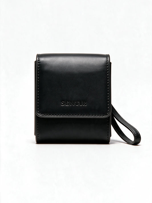 Sentir Parfum travel pouch in black vegan leather, closed front view