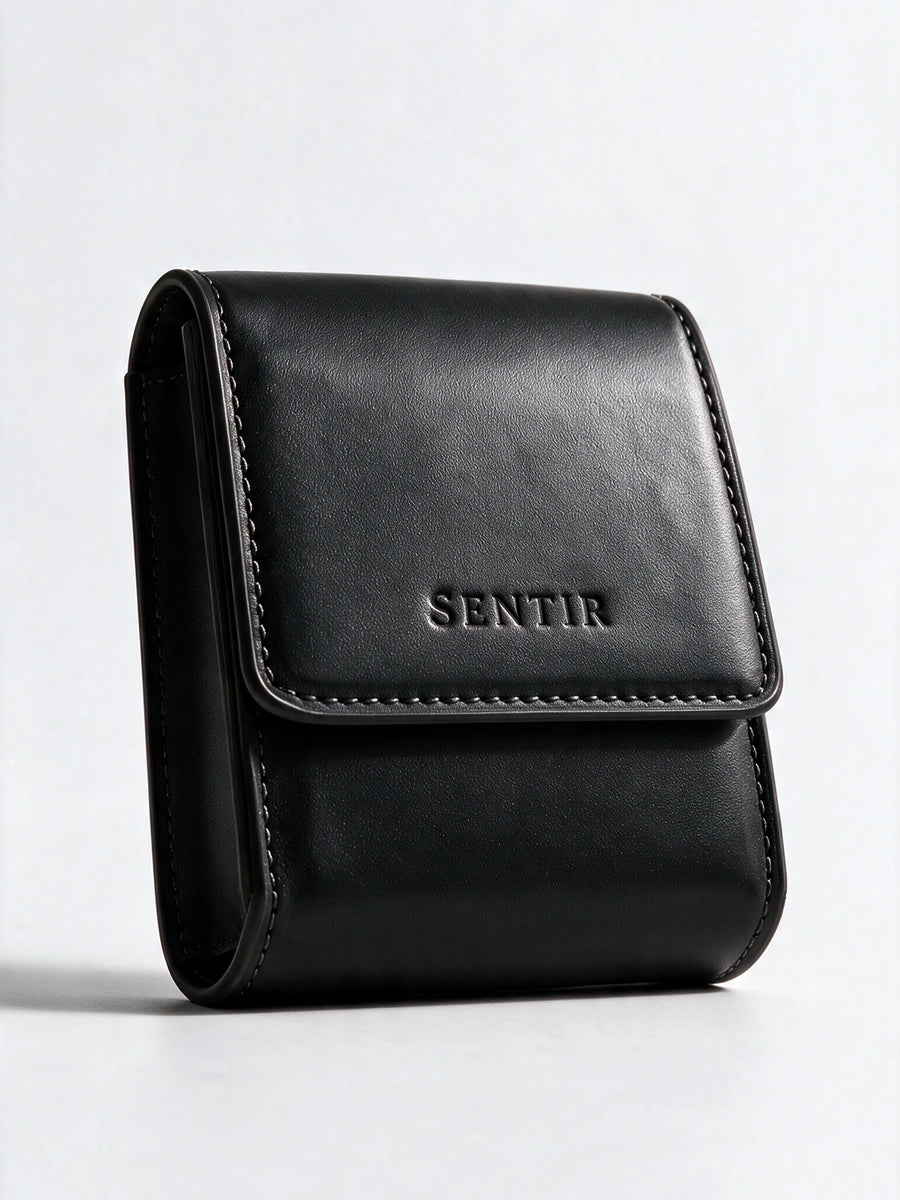 Black vegan leather perfume travel pouch seen from the side