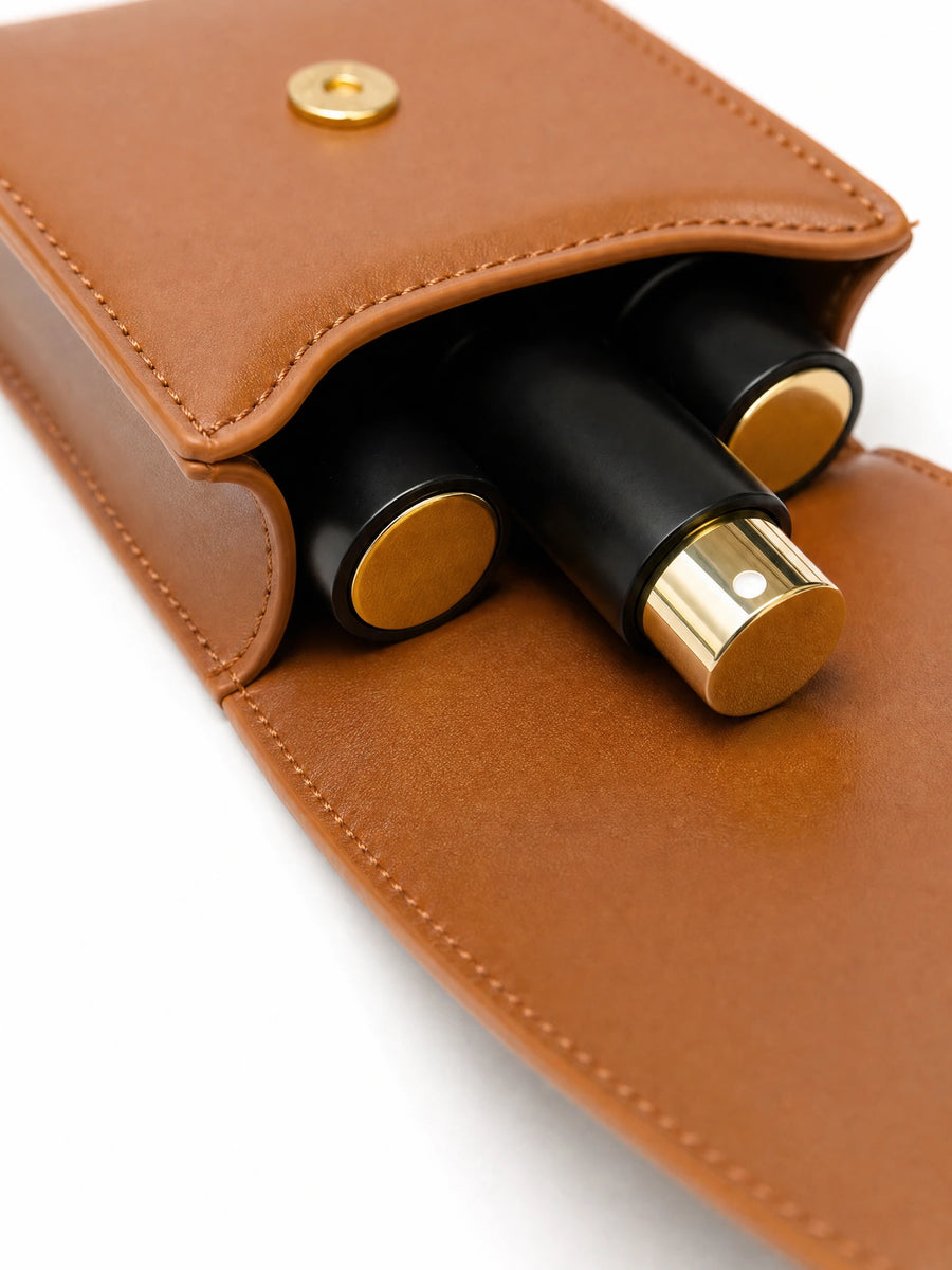 Close up of the travel pouch flap with black and gold perfume bottles inside