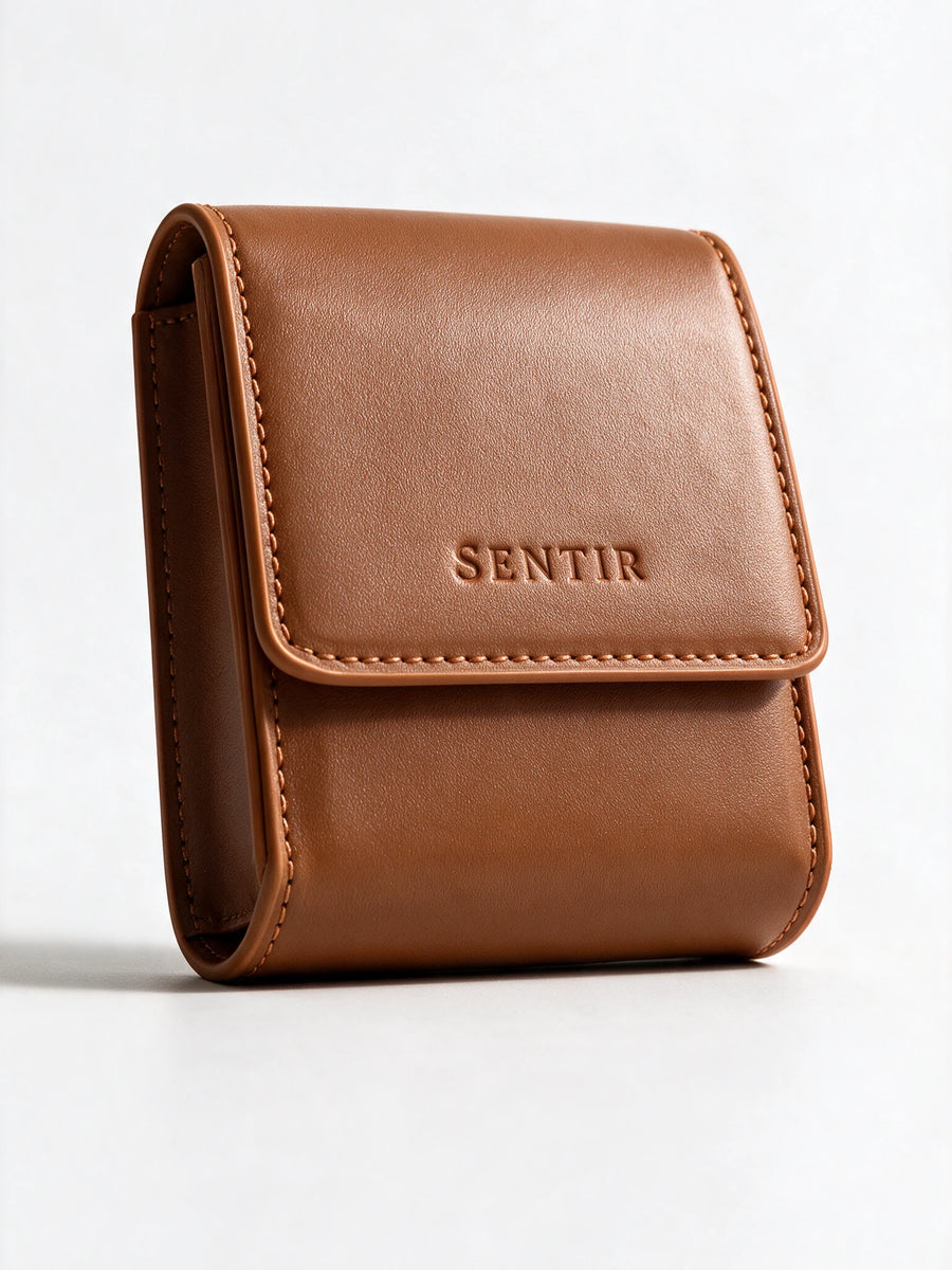Brown vegan leather perfume travel pouch seen from the side